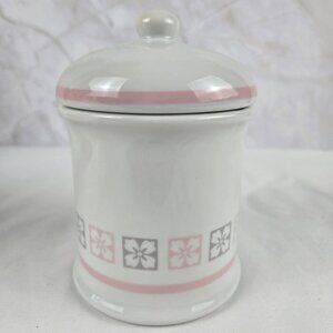 Vintage Porcelain Apothecary Jar White Pink Gray Pattern with Pink Stripe Accent